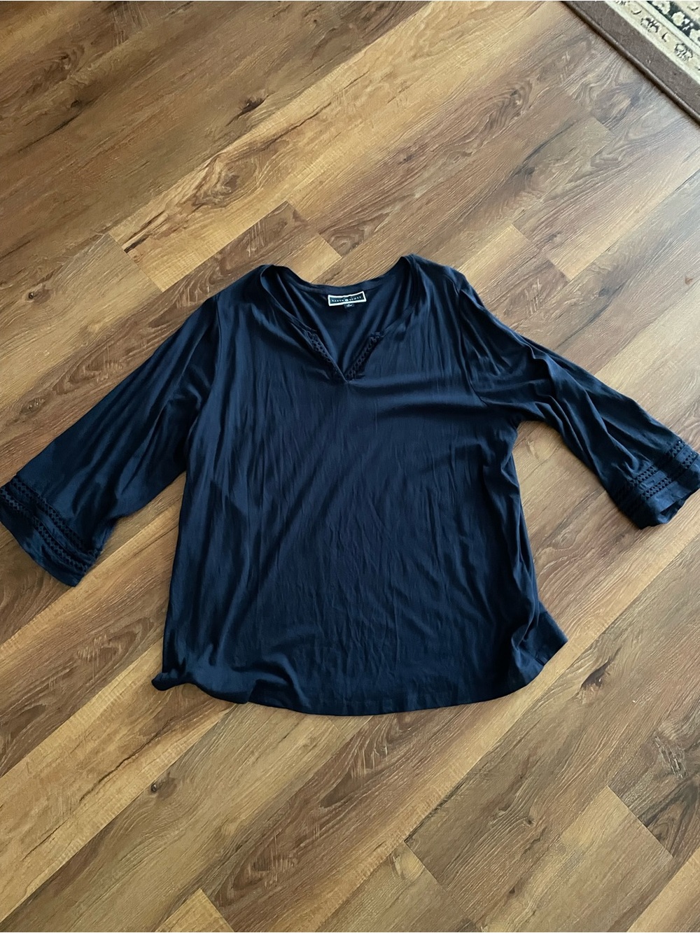 Karen Scott Navy V-Neck Blouse with Crochet Trim